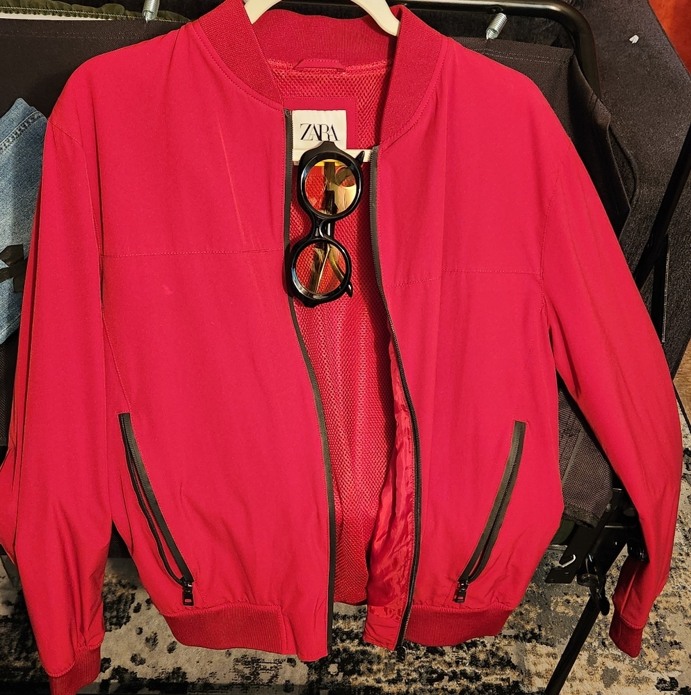 ZARA Red Bomber Jacket with Black Accents